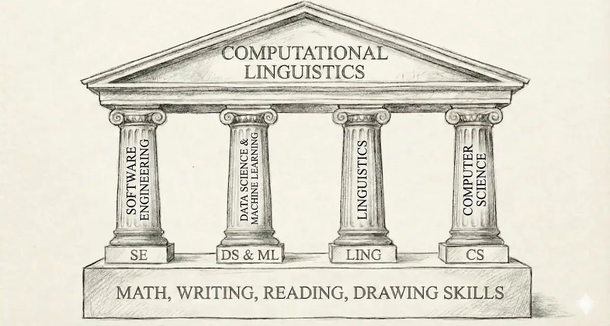 Diagram: The Temple of Computational Linguistics. Pillars: Software Engineering, Data Science & Machine Learning, Linguistics, Computer Science. Foundation: Math, Writing, Reading, Drawing Skills.